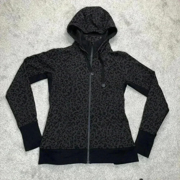 Athleta Hoodie Animal Print Full Zip Black and Brown Heavyweight Sz M DEFECTS - Picture 1 of 11